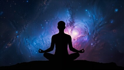 Silhouette of person meditating in lotus pose against cosmic galaxy, spiritual yoga and universe concept.