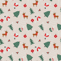 A sweet and playful hand-drawn seamless pattern featuring adorable Christmas characters like a snowman, reindeer, and whimsical Christmas trees on a soft background.