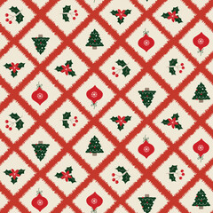 A charming vintage-style Christmas seamless pattern featuring traditional motifs, such as holly, Christmas trees, and ornaments, set within a festive, diagonal plaid design.