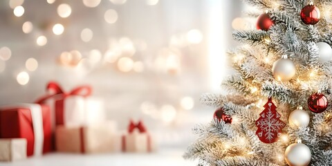 Festive room with Christmas tree and lights.