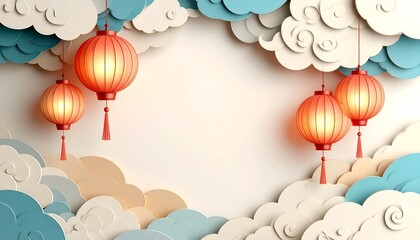 Elegant layered paper cut border of lanterns and clouds around blank space