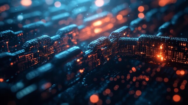 Closeup of a blockchain with glowing orange connections and a dark blue background
