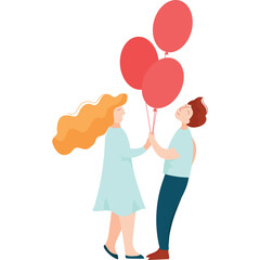 Couple Holding Red Balloons Together on a White Background with a Dreamy Expression