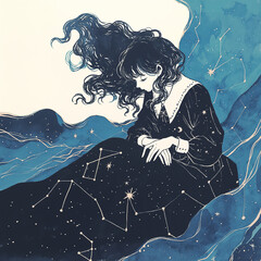 Fototapeta premium 金色の星が舞う深い群青の背景に佇む、神秘的で儚げな女性の表情を描いた幻想的イラスト。夜、星、夢、宇宙をテーマにしたアナログ感あるアート。