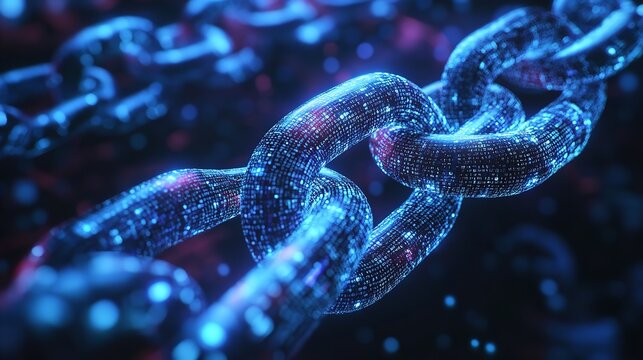 Closeup of a blockchain with glowing blue connections and a dark background