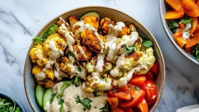 Fresh mediterranean buddha bowl with grilled vegetables and creamy dressing on marble surface.