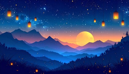 Fototapeta premium Layered silhouette of mountains and lanterns under starry sky