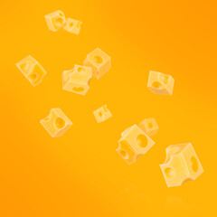 Floating cubes of Swiss cheese with round holes on bright orange background, minimal dairy product concept with copy space for advertising, banner, or creative food design template