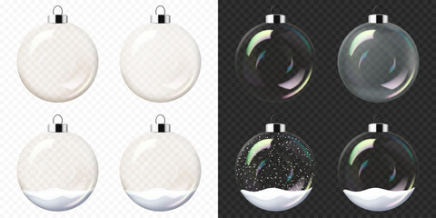 Set of Christmas and New Year transparent glass balls with snow, isolated. Equally suitable for dark and light backgrounds.