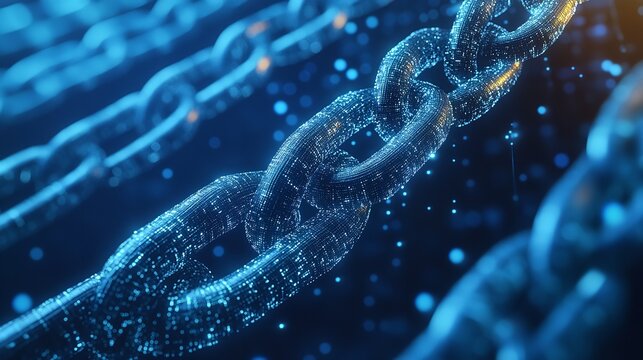 Digital chain links representing the blockchain technology and the concept of secure data transfer