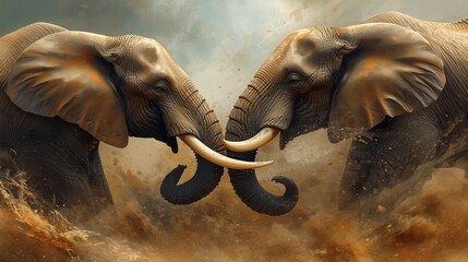 Two Elephants Touching Trunks in a Dusty Dramatic Showdown