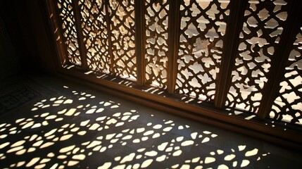 Intricate geometric latticework screen (Mashrabiya), casting complex shadows, traditional Islamic architecture detail