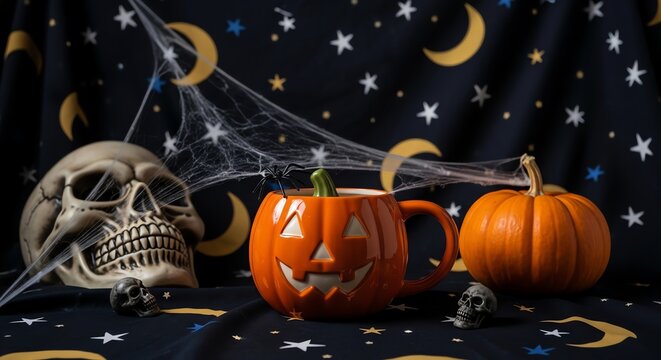 Halloween decorations with skull and pumpkin mug - Powered by Adobe
