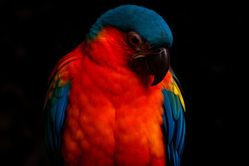 Obraz premium Striking Scarlet Macaw Portrait: Vibrant Plumage Against a Deep Black Backdrop