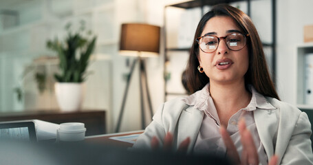 Video call, glasses or Indian woman in office with tech, advisory or feedback in client chat....