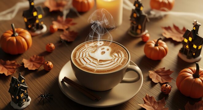 Halloween latte art with pumpkins and miniature houses