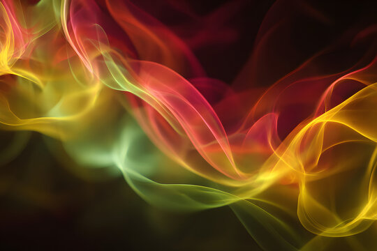 vibrant red yellow and green smoke waves blending together creating an abstract rhythmic flow and music energy