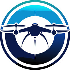 Drone silhouette inside a circle, blue + silver gradient. silhouette vector icon , black and white , white background