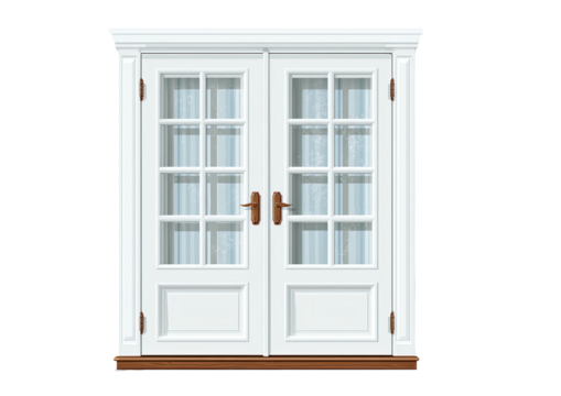 White double french doors with window panes, wood base