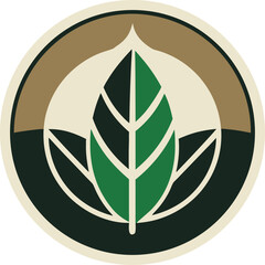 Leaf + circular emblem, green and beige palette, minimal style. silhouette vector icon , black and white , white background