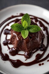 Decadent chocolate lava cake with fresh mint garnish and chocolate drizzle