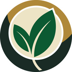 Leaf + circular emblem, green and beige palette, minimal style. silhouette vector icon , black and white , white background
