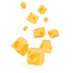 Falling cubes of Swiss cheese with round holes isolated on white background, dairy product with copy space for text, creative food concept for banner, advertising, or design template