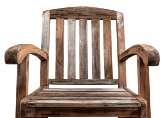 Rustic wood chair, weathered slats, curved armrests, isolated