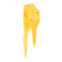 Melting cube of Swiss cheese with holes isolated on white background, hot melted dairy product concept with copy space for text, creative food design for advertising or banner