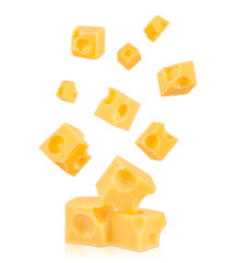 Falling cubes of Swiss cheese with round holes isolated on white background, dairy product concept with copy space for text, ideal for advertising, banner, or food design template