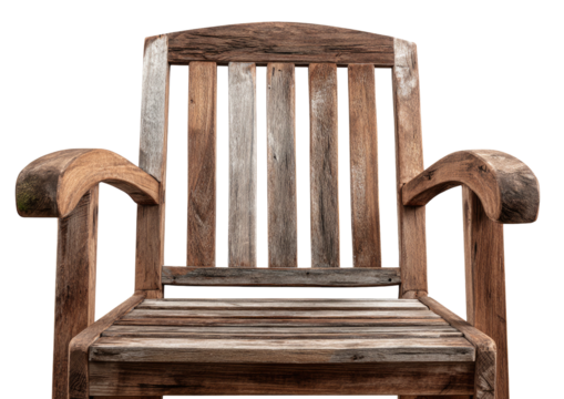 Rustic wood chair, weathered slats, curved armrests, isolated