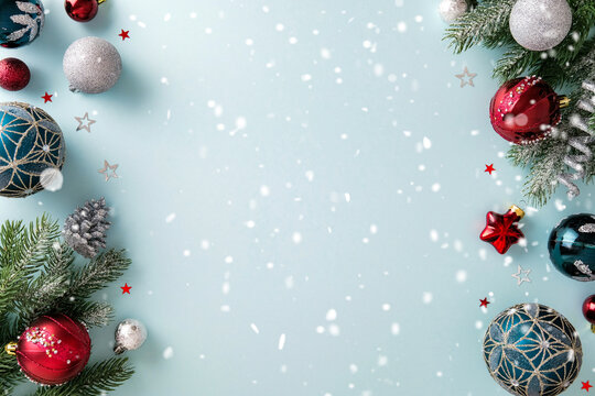 Light blue festive frame background with falling snow and a double border of spruce branches, red, teal, and silver Christmas ornaments, cones, and decorative stars, ideal for text or product display.
