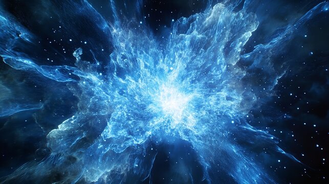 A stunning blue nebula explosion creates a breathtaking cosmic vista with swirling clouds and starlight - Powered by Adobe