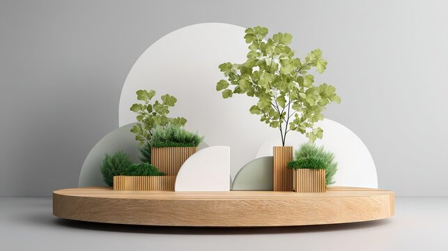 Modern Wooden Podium with Minimal Plants and Abstract White Shapes, Clean 3D Background Design
