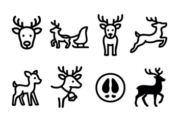 Obraz premium Various cartoon-style deer are depicted in different poses, including standing, running, and sitting. The illustrations show a playful and artistic approach to these animals.