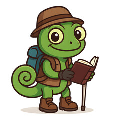 Adventurous green chameleon cartoon character dressed as an explorer with a brown hat, boots, and backpack holding a map, cute travel mascot illustration isolated on transparent background