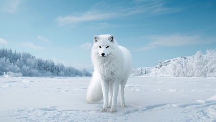 Fototapeta premium majestic white arctic fox with thick fur standing on snowy landscape under clear blue sky, symbolizing winter wilderness beauty, survival, and purity of nature in frozen tundra environment