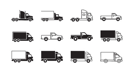 Trucks and vehicle icon set in black on white background