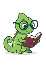 Naklejka premium Adorable green chameleon cartoon character wearing glasses and reading a red book, symbol of learning and education, intelligent reptile mascot illustration isolated on transparent background