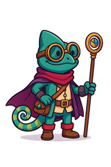 Fantasy chameleon cartoon dressed as a wizard or mage with cloak, hat, and staff, colorful mystical reptile mascot character, cute magical creature illustration isolated on transparent background.
