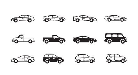 Variety of vehicle silhouettes line art on a white background
