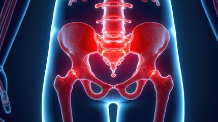 Human pelvis and hip joint anatomy with red inflammation highlight