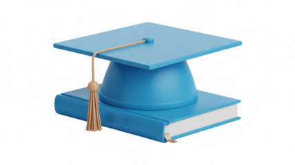 Blue graduation cap on a book 3D render representing education and academic achievement