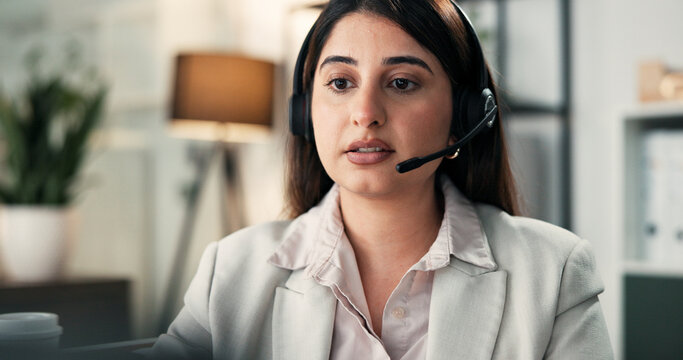 Headset, communication and businesswoman in office for secretary, crm or contact us online. Mic, technology and female corporate receptionist with consultation with client for appointment booking. - Powered by Adobe