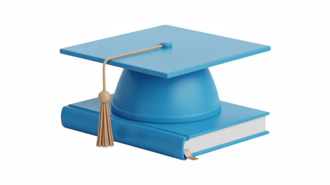 Blue graduation cap on a book 3D render representing education and academic achievement