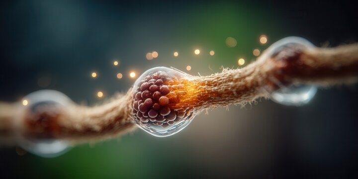 Microscopic view of a vibrant cell cluster within a transparent fluid droplet on a textured organic filament, illuminated by glowing bokeh lights - Powered by Adobe