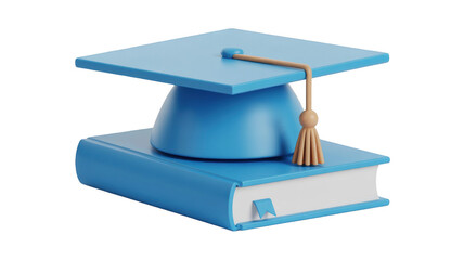 Blue graduation cap on a book 3D render illustration for education and academic achievement isolated on white background