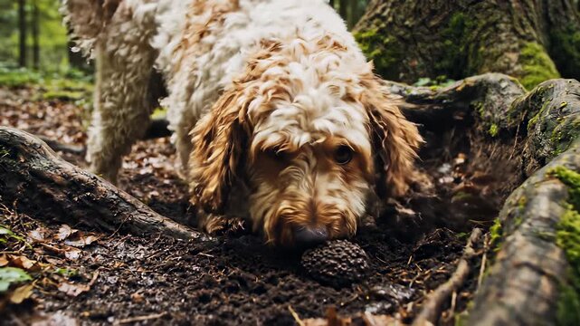 Lagotto Romagnolo dog wanders through sun dappled forest, stick in mouth, conveying sense of freedom and exploration, perfect for representing outdoor enthusiasm, natures charm.