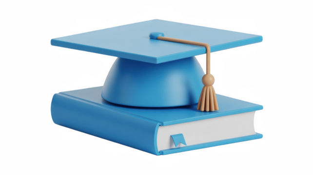 Blue graduation cap on a book 3D render illustration for education and academic achievement isolated on white background