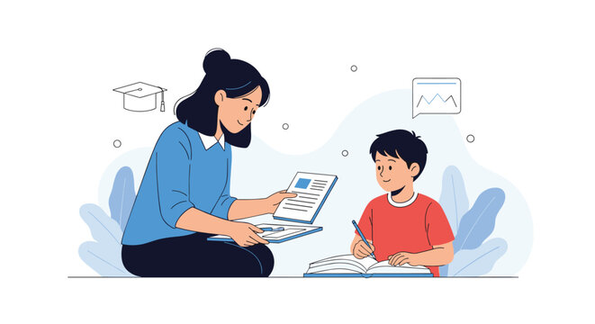 A female tutor assists a young boy with his studies, highlighting concepts of online education and academic support.